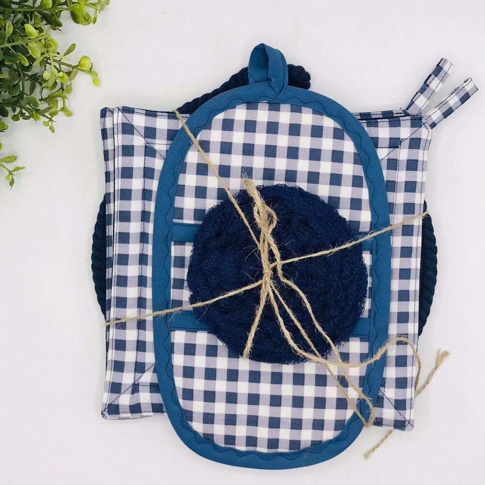 Trivet, Finger Hotpad, 2 Square Potholders, and Scrubbie, Navy Blue, 5 Piece Set